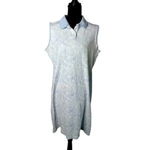 Lands End Womens Blue Paisley Polo Dress - L Tennis Golf Preppy Old Money Cotton